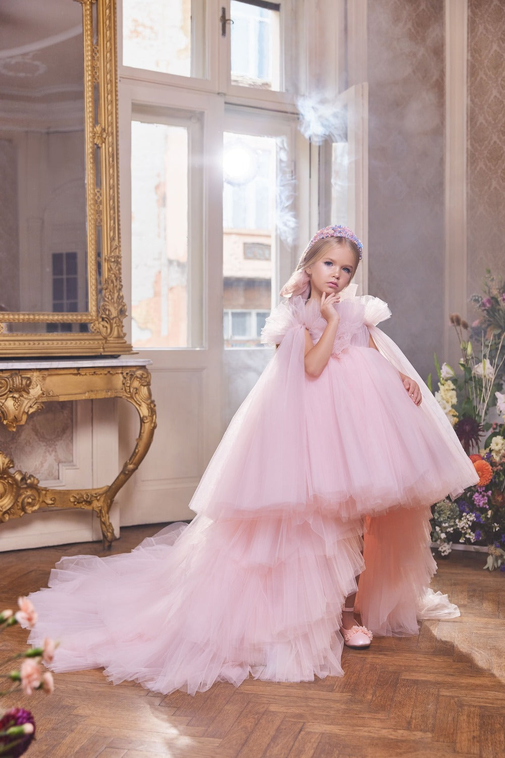 Flower Girl Dresses: Pink Tulle Dress with Detchable train - Mia Bambina Boutique