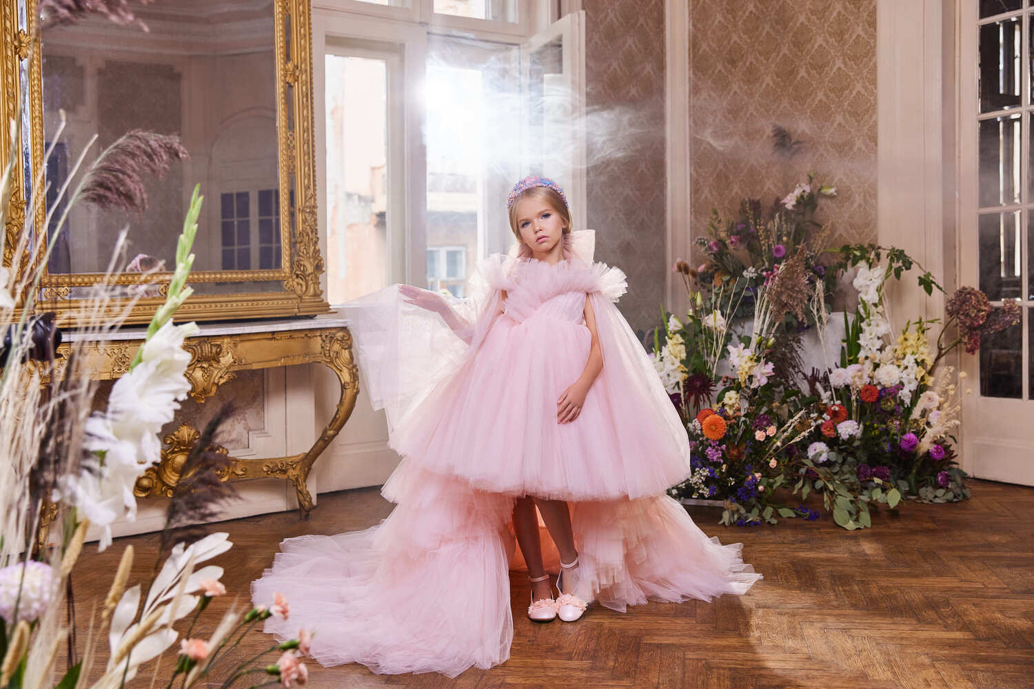 Flower Girl Dresses: Pink Tulle Dress with Detchable train - Mia Bambina Boutique