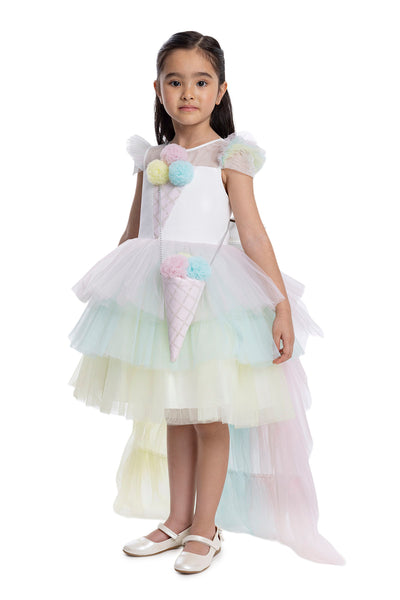 Girls Rainbow Birthday Dress with a Long Tail in Sizes 3T-7