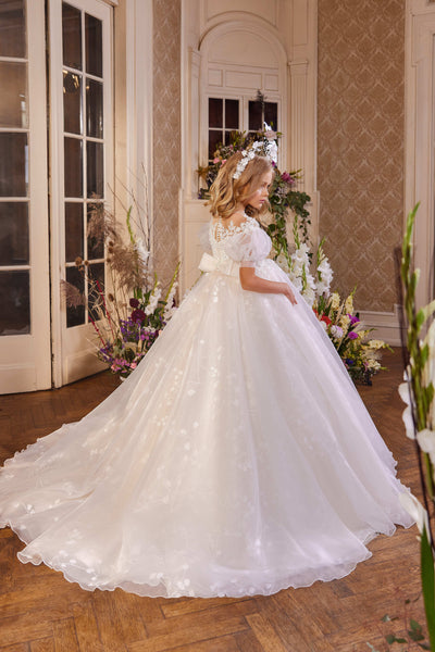 Flower Girl Dresses: Bergamo Flower Girl Dress with Puff Sleeves - Mia Bambina Boutique