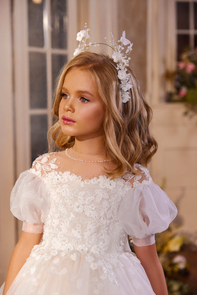 Flower Girl Dresses: Bergamo Flower Girl Dress with Puff Sleeves - Mia Bambina Boutique