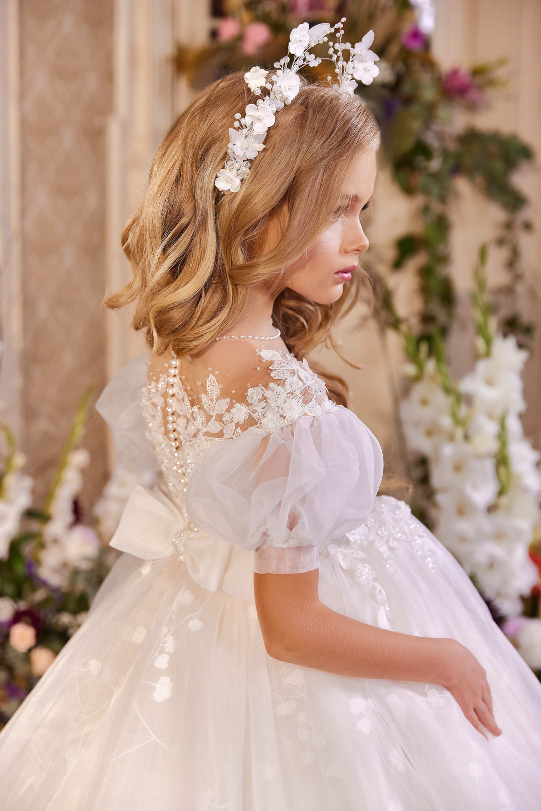Shop Bergamo Flower Girl Dress with Puff Sleeves | Mia Bambina