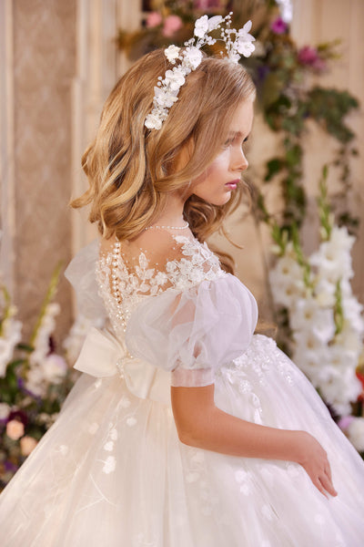 Flower Girl Dresses: Bergamo Flower Girl Dress with Puff Sleeves - Mia Bambina Boutique