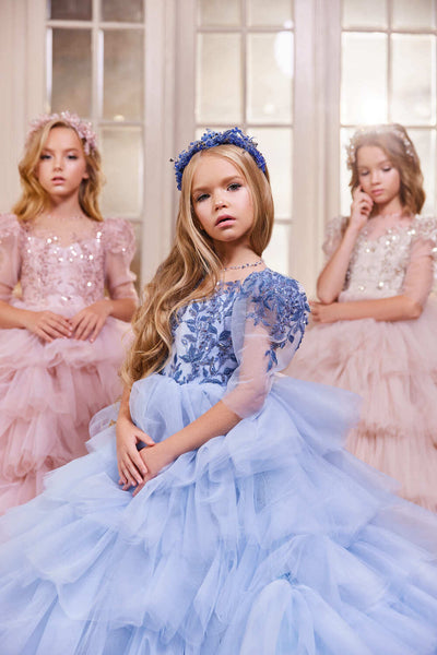 Girls Vintage Style Ruffled Gown with Embroidery Detailing