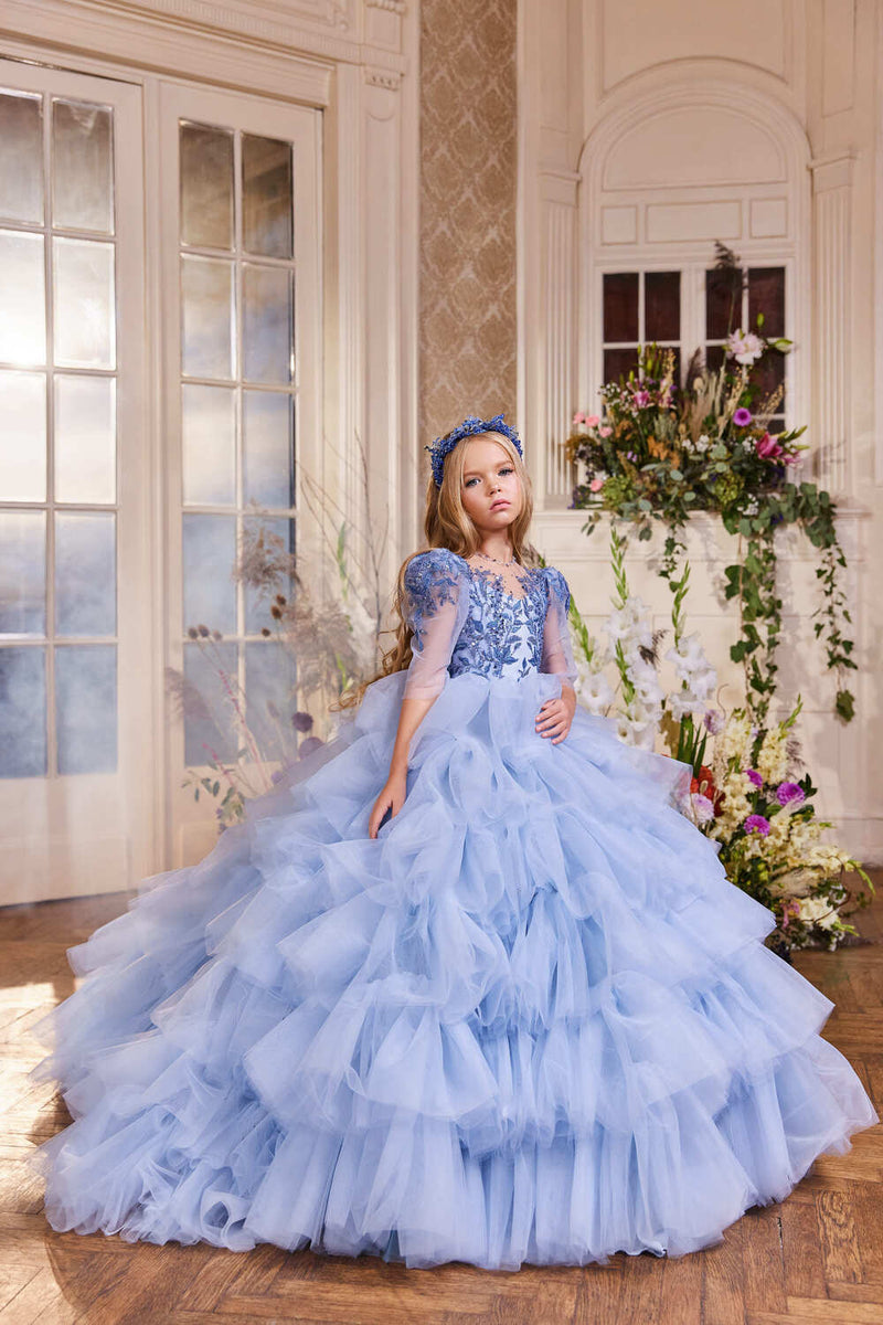 Girls Vintage Style Ruffled Gown with Embroidery Detailing