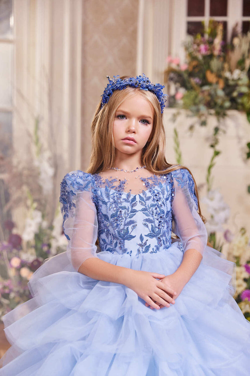 Girls Vintage Style Ruffled Gown with Embroidery Detailing