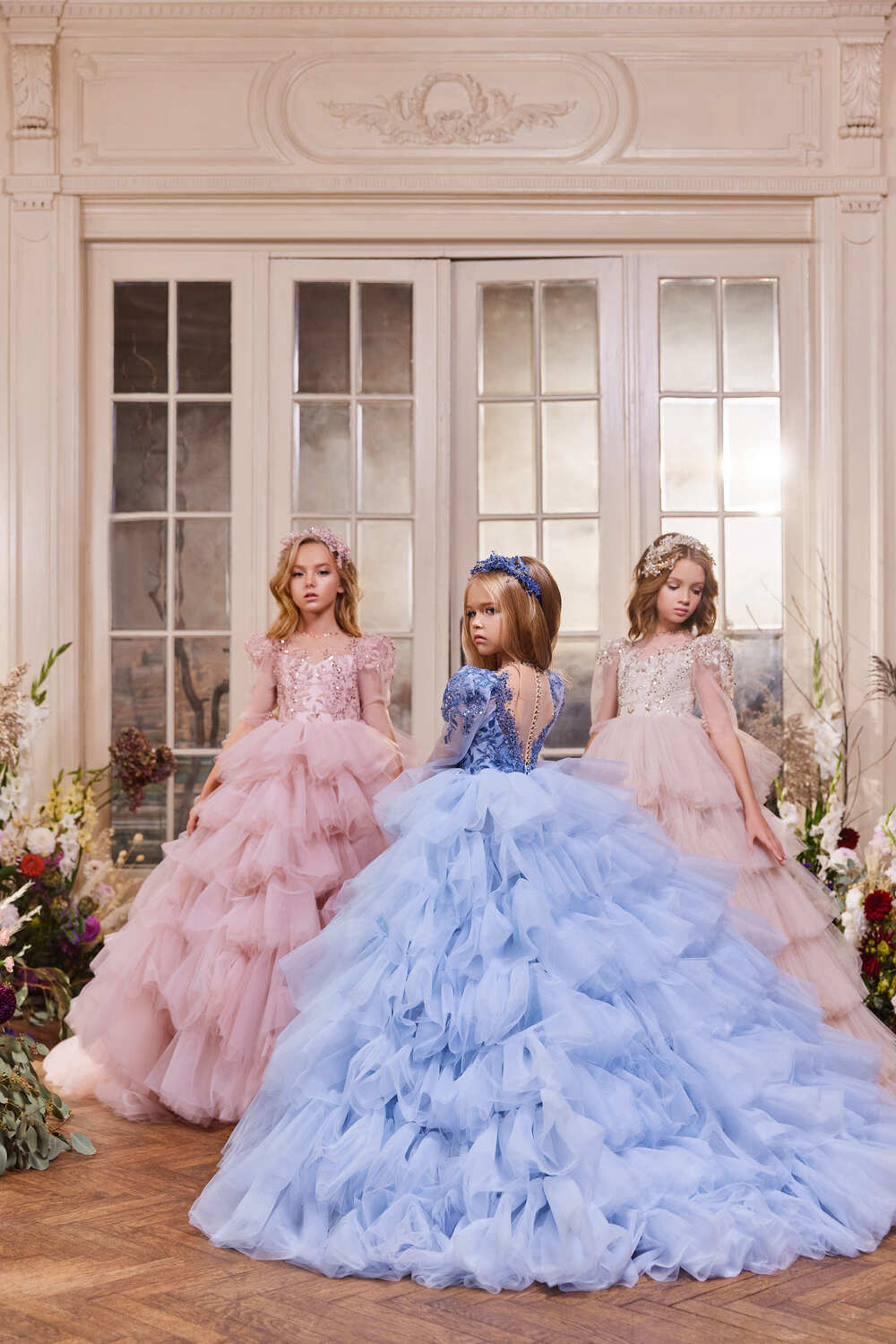 Flower Girl Dresses: Girls Vintage Style Ruffled Gown with Embroidery Detailing - Mia Bambina Boutique
