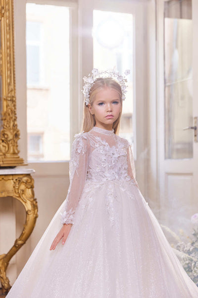White Long Lace Dress in Sparkly White Tulle