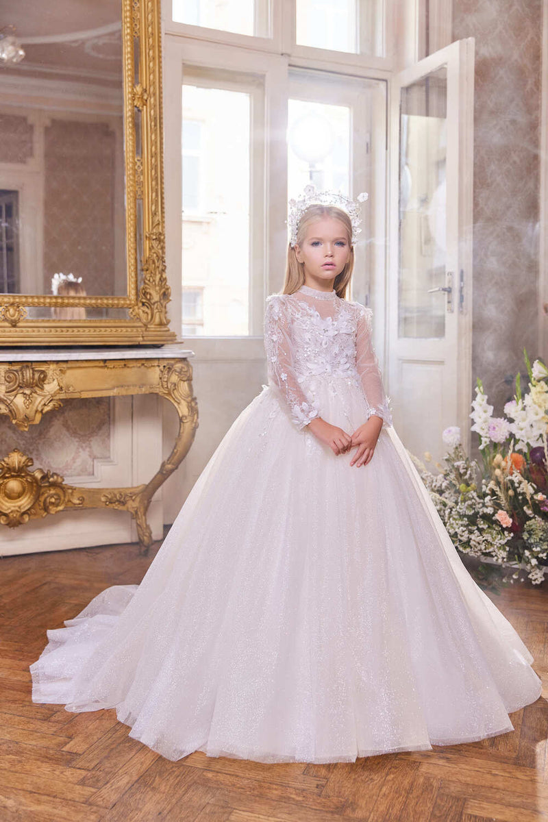 White Long Lace Dress in Sparkly White Tulle