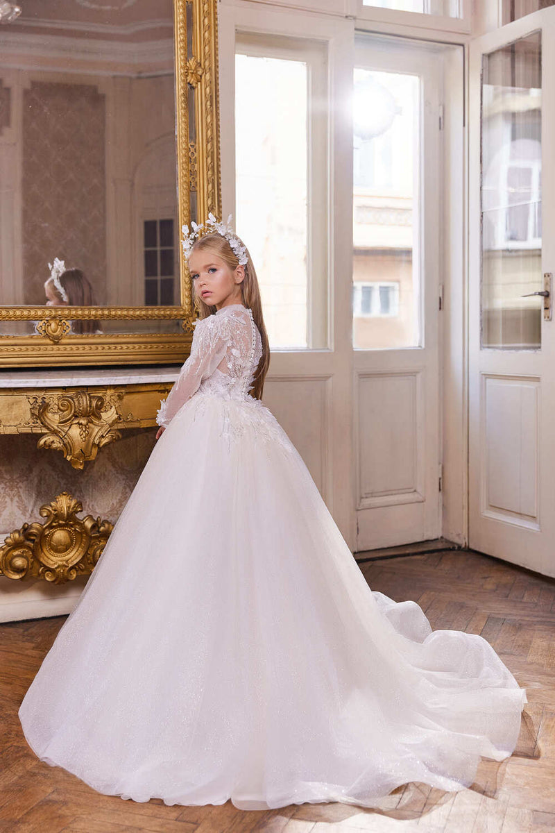 White Long Lace Dress in Sparkly White Tulle