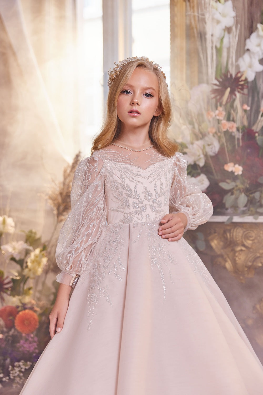 Girls Sparkly Lattice Design Long Sleeve Illusion Back Princess Gown Pre-order 5T-6