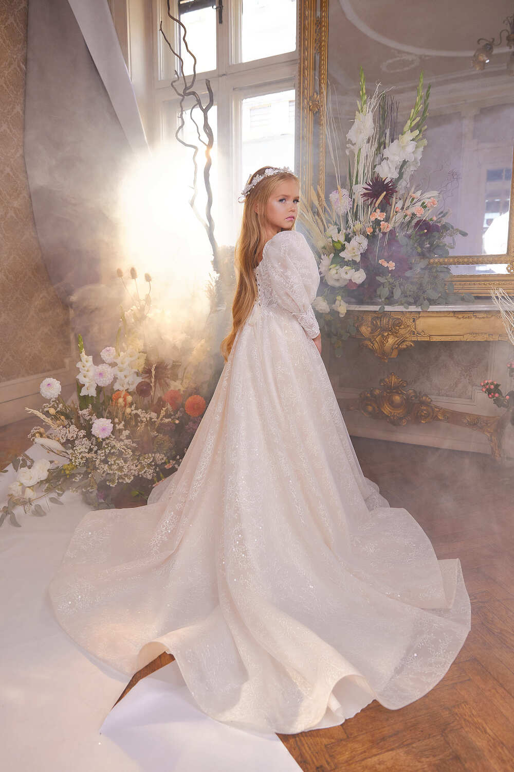 Flower Girl Dresses: Chic Sparkly Flower Girl Dress with Bell Sleeves - Mia Bambina Boutique