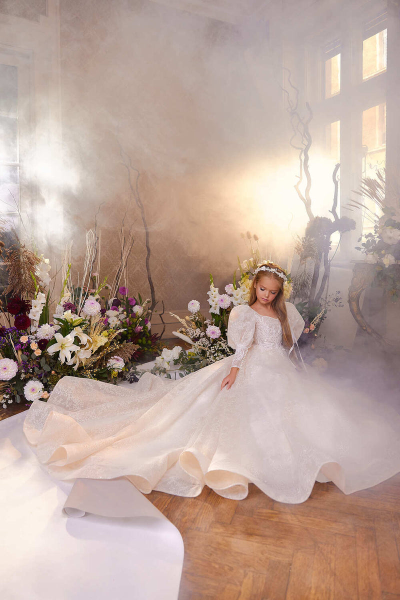 Chic Sparkly Flower Girl Dress with Bell Sleeves