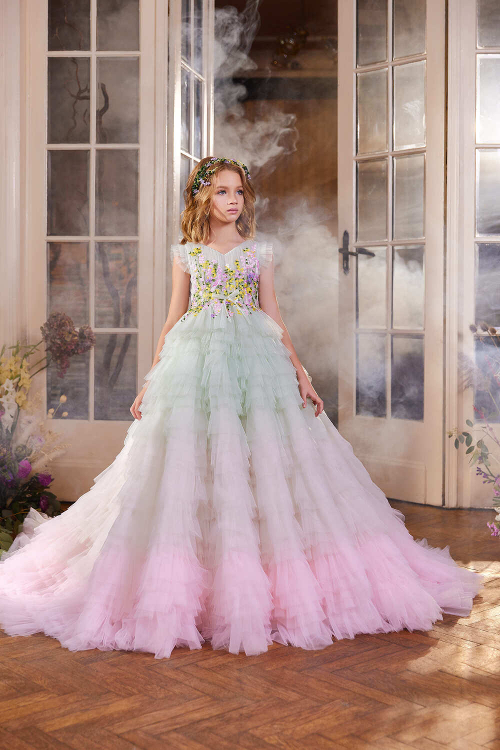 Flower Girl Dresses: Los Angeles Flower Girl Dress with Pastel Flower Embroidery - Mia Bambina Boutique