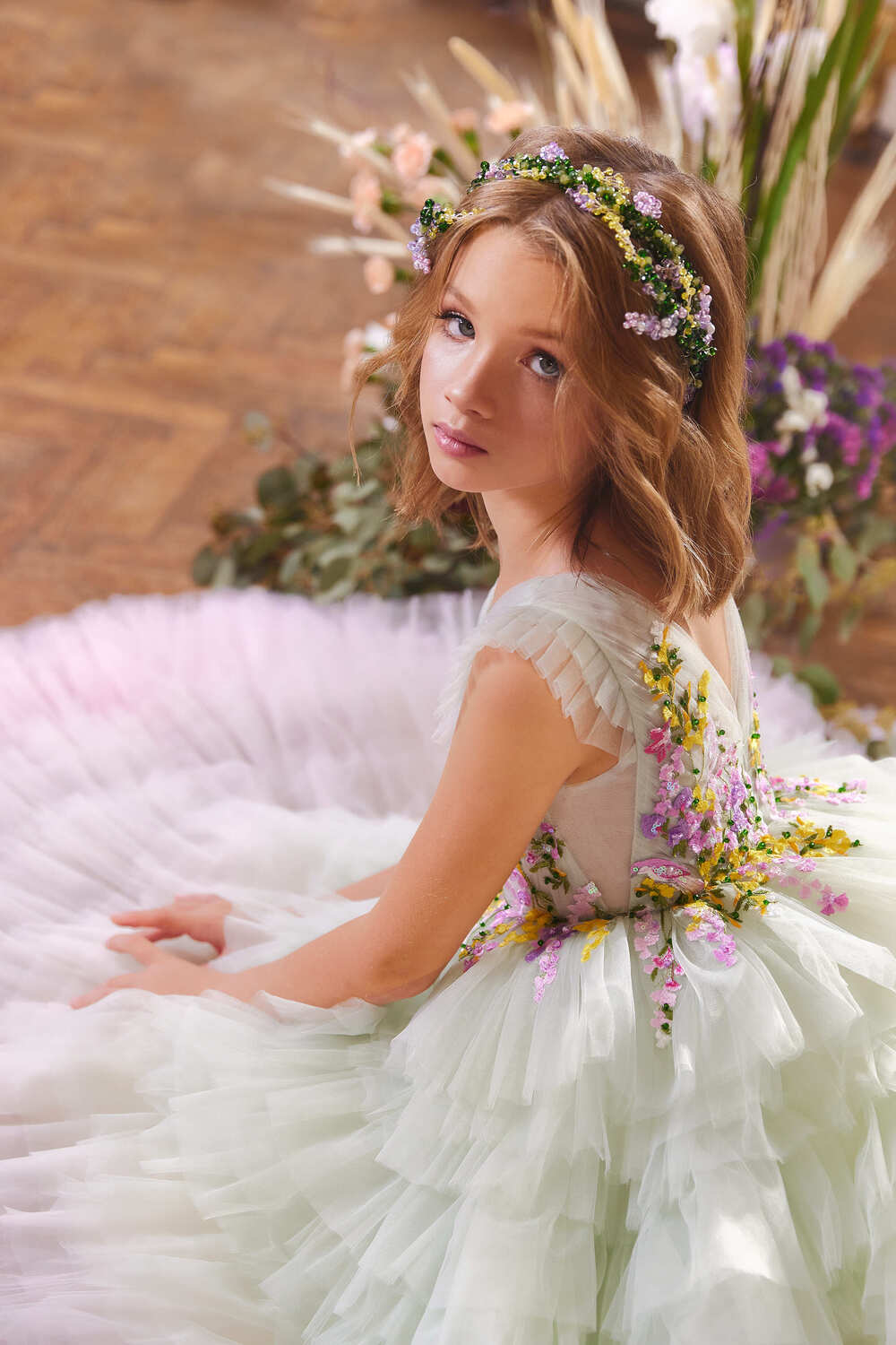 Flower Girl Dresses: Los Angeles Flower Girl Dress with Pastel Flower Embroidery - Mia Bambina Boutique