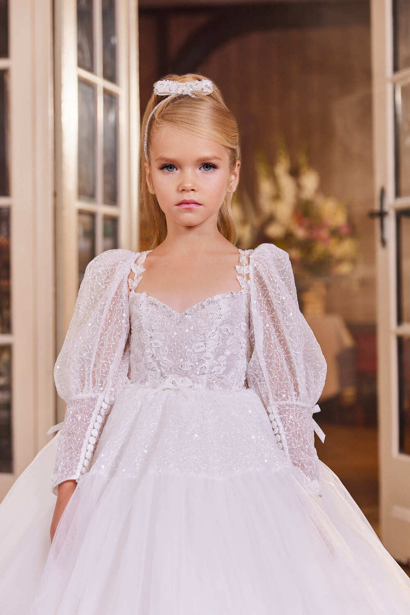 First Communion Dress: Flower Girl Dress with Open Back - Mia Bambina Boutique