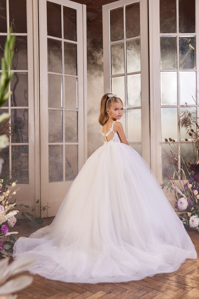 First Communion Dress: Flower Girl Dress with Open Back - Mia Bambina Boutique