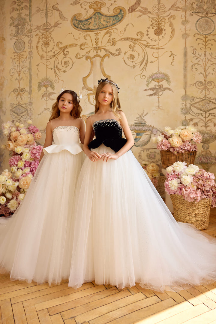Girls' Couture Ball Gown Dress with Sparkle Tulle and Crystal Bodice Preorder 5T-6 / Black/Ivory