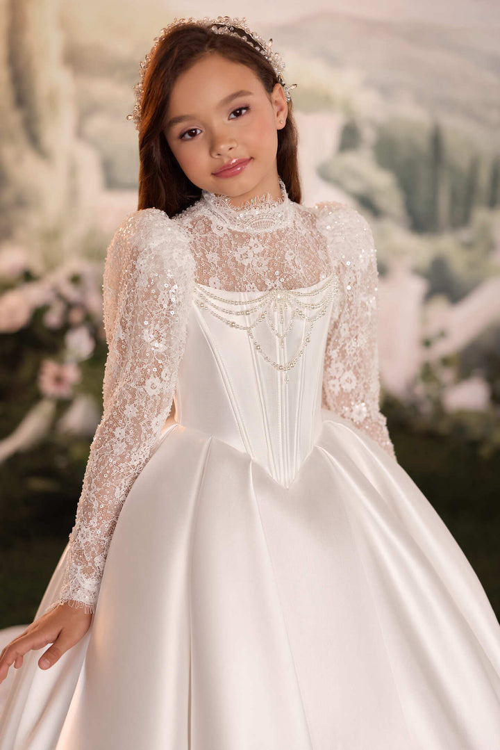 lace first communion dress & Flower Girl Gown – Pre-Order or Rent Ruched Red Full sleeves The back combines transparent _okendo:syndication_key:CL134814005 Size:Size L/XL - 43.5 Inch Bust