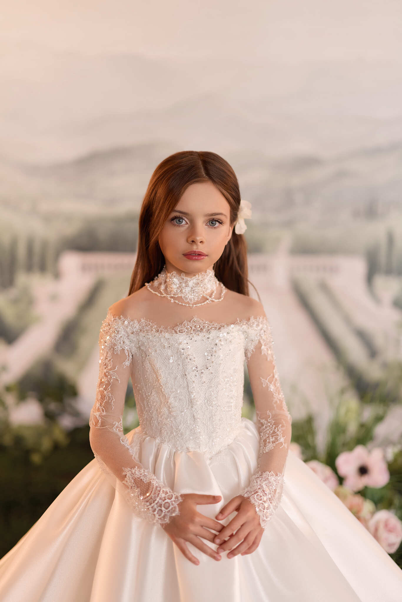 Flower Girl Dresses: Eliora Grace Off-the-Shoulder Satin First Communion Dress - Mia Bambina Boutique