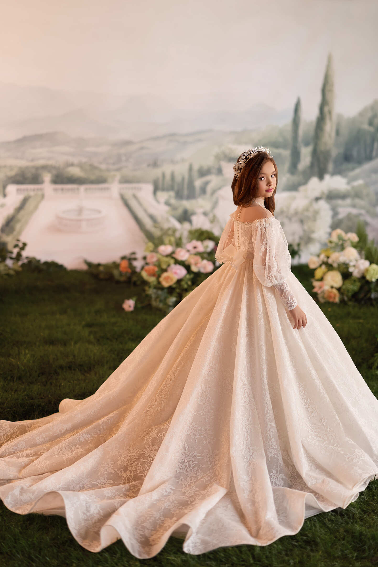 Flower Girl Dresses: Maravelle Pearl Couture First Communion Dress with Lace Sleeves - Mia Bambina Boutique