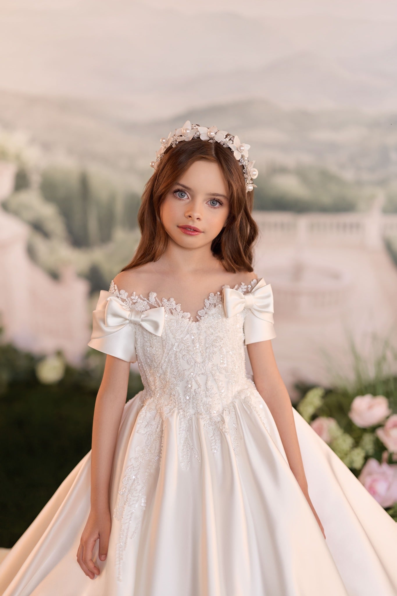 Flower Girl Dresses: Lunaria Blossom Elegant Satin First Communion Dress - Mia Bambina Boutique