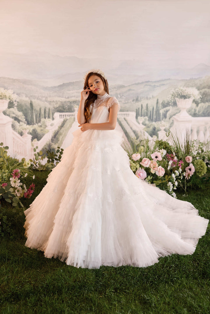Flower Girl Dresses: Virelle Lace Luxury Long Sleeve First Communion Dress - Mia Bambina Boutique