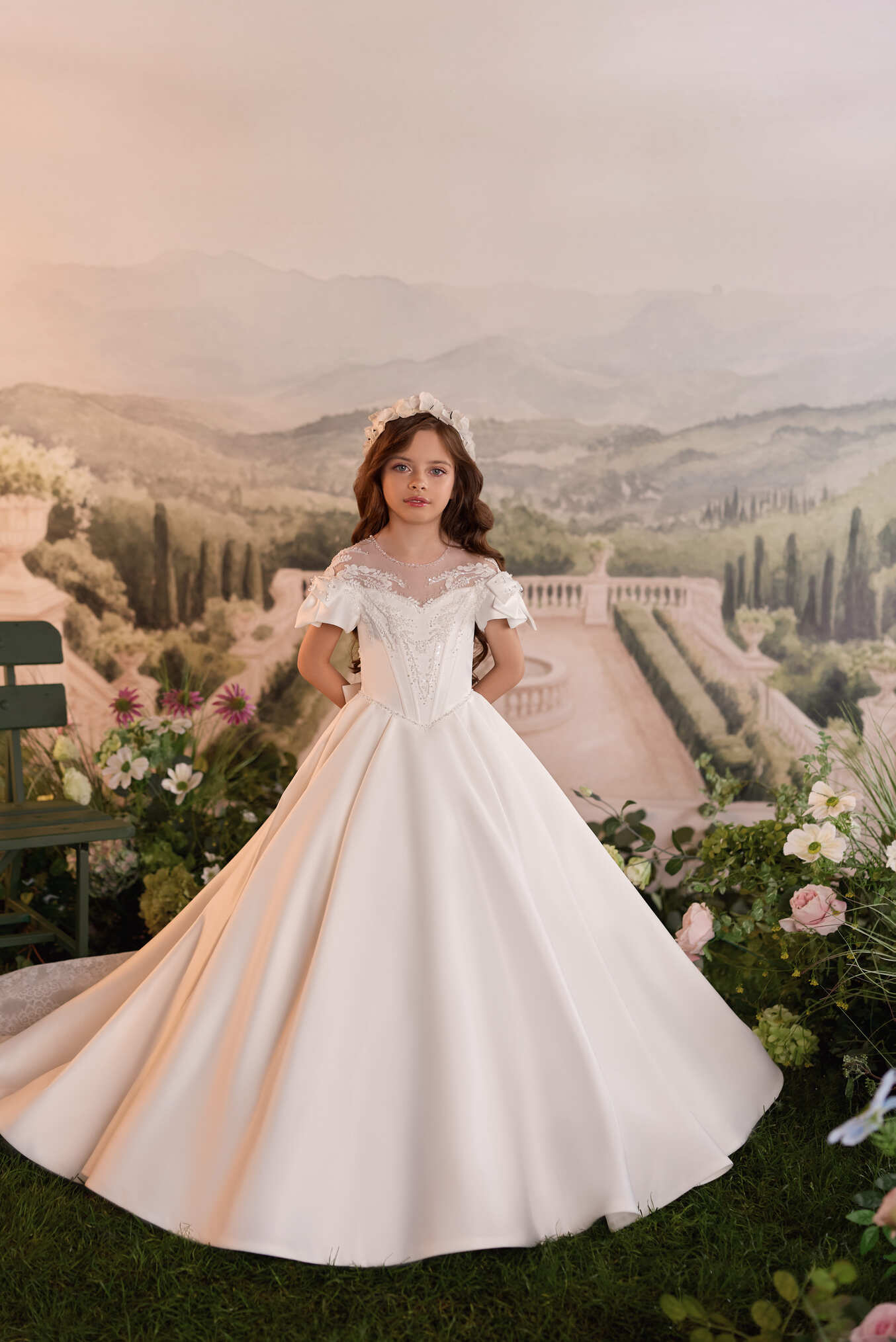 Flower Girl Dresses: Clémence Royale Satin & Lace Communion Dress - Mia Bambina Boutique