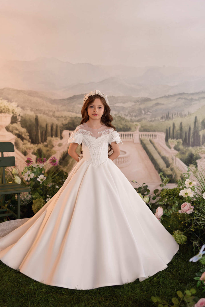 Flower Girl Dresses: Clémence Royale Satin & Lace Communion Dress - Mia Bambina Boutique