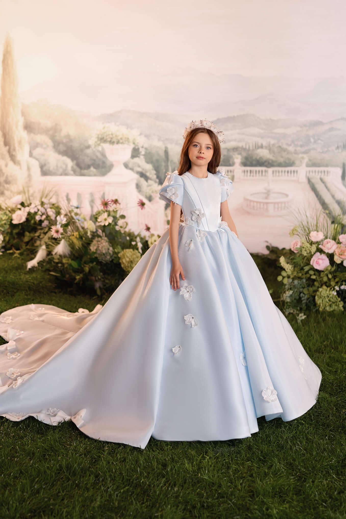 Mia Bambina Couture 2027 Ondine Bleu blue and white flower girl dress