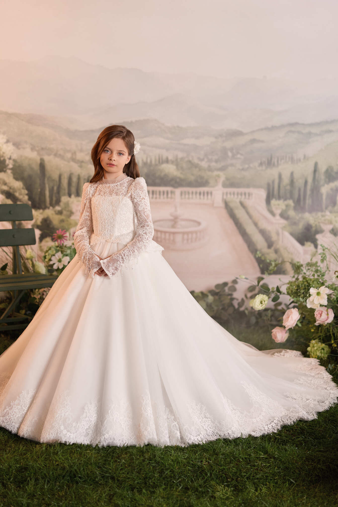 Mia Bambina Couture 2027 Victoire Lace long First Communion gown with bow back
