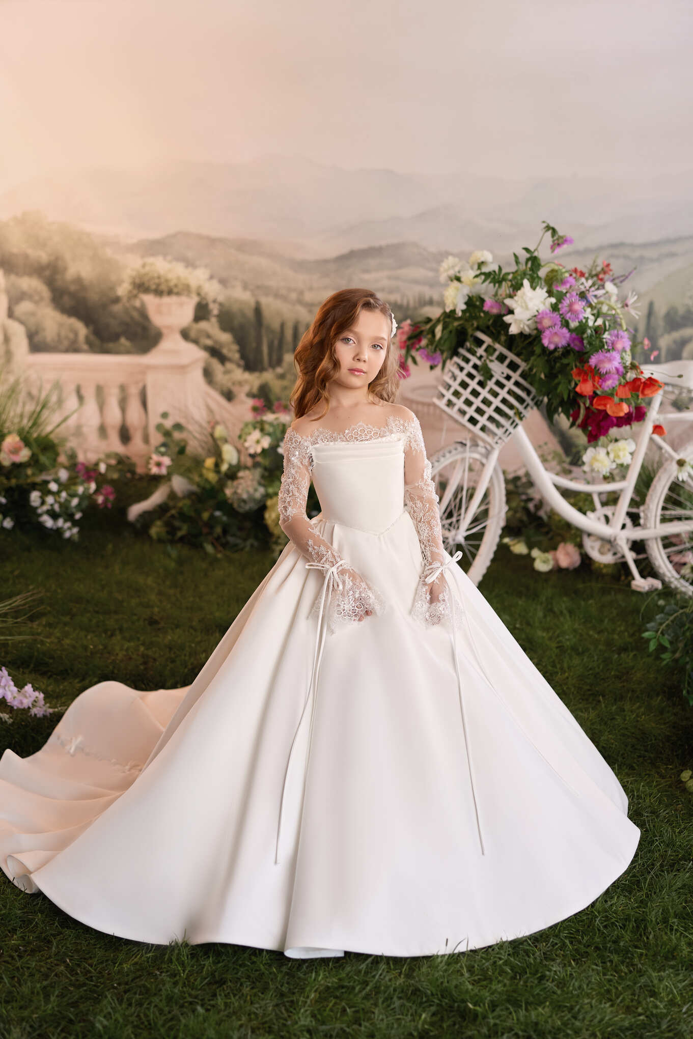 Mia Bambina Couture 2027 Margaux Satin white flower girl dress with bow back