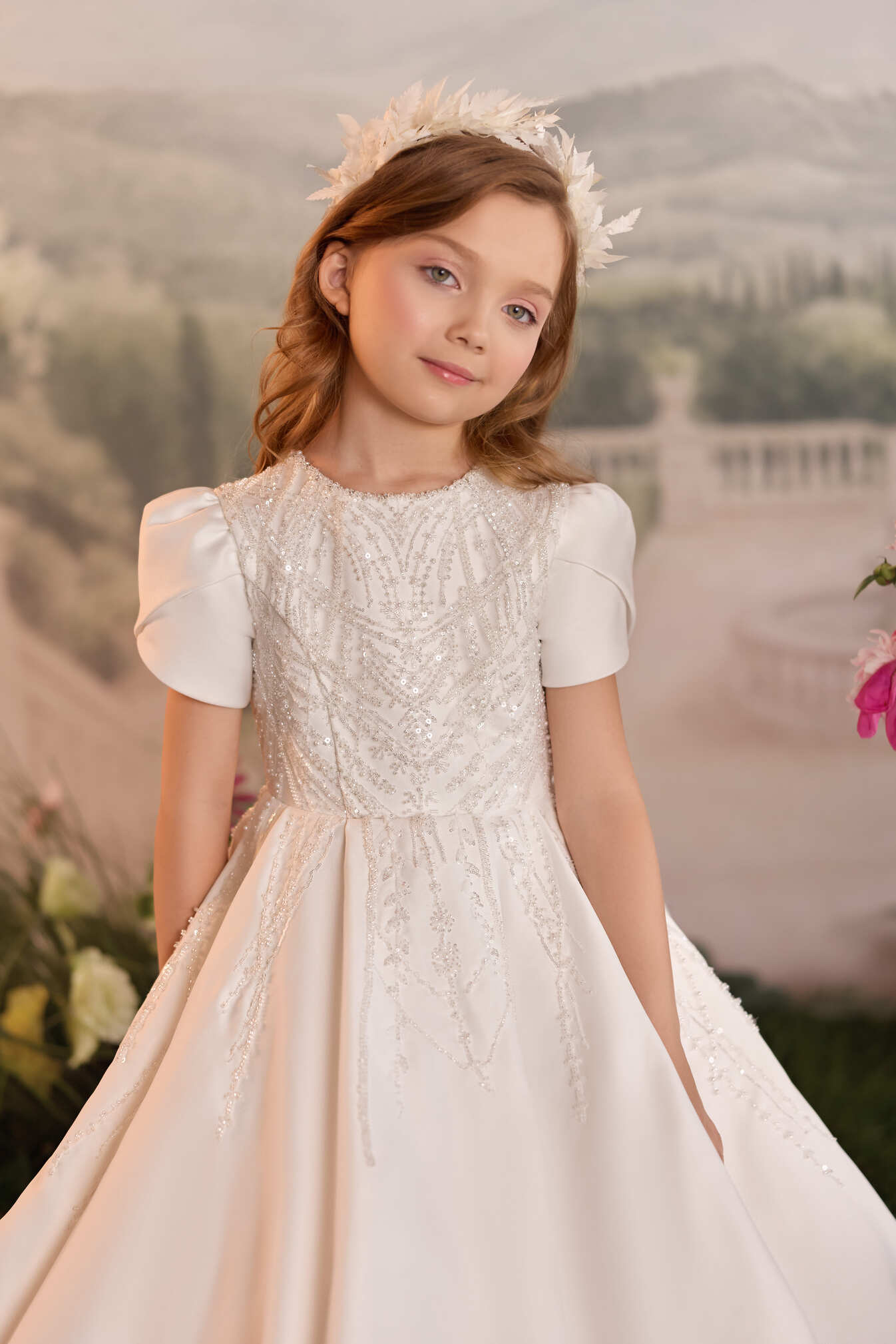 Mia Bambina Couture 2027 Chantilly Veil white flower girl dress with sheer train
