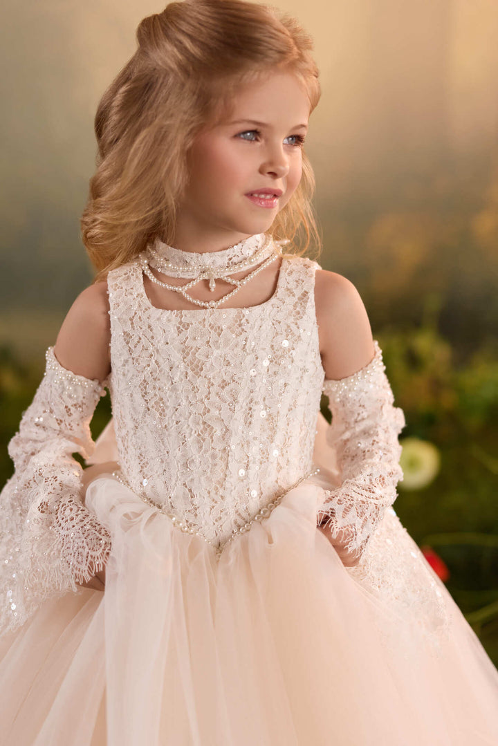 Mia Bambina Couture 2027 Marguerite Veil white flower girl dress with detachable sleeves
