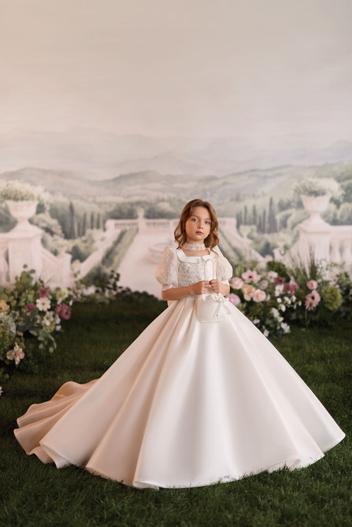 Mia Bambina Couture 2027 Blanche Satin white flower girl dress with bow