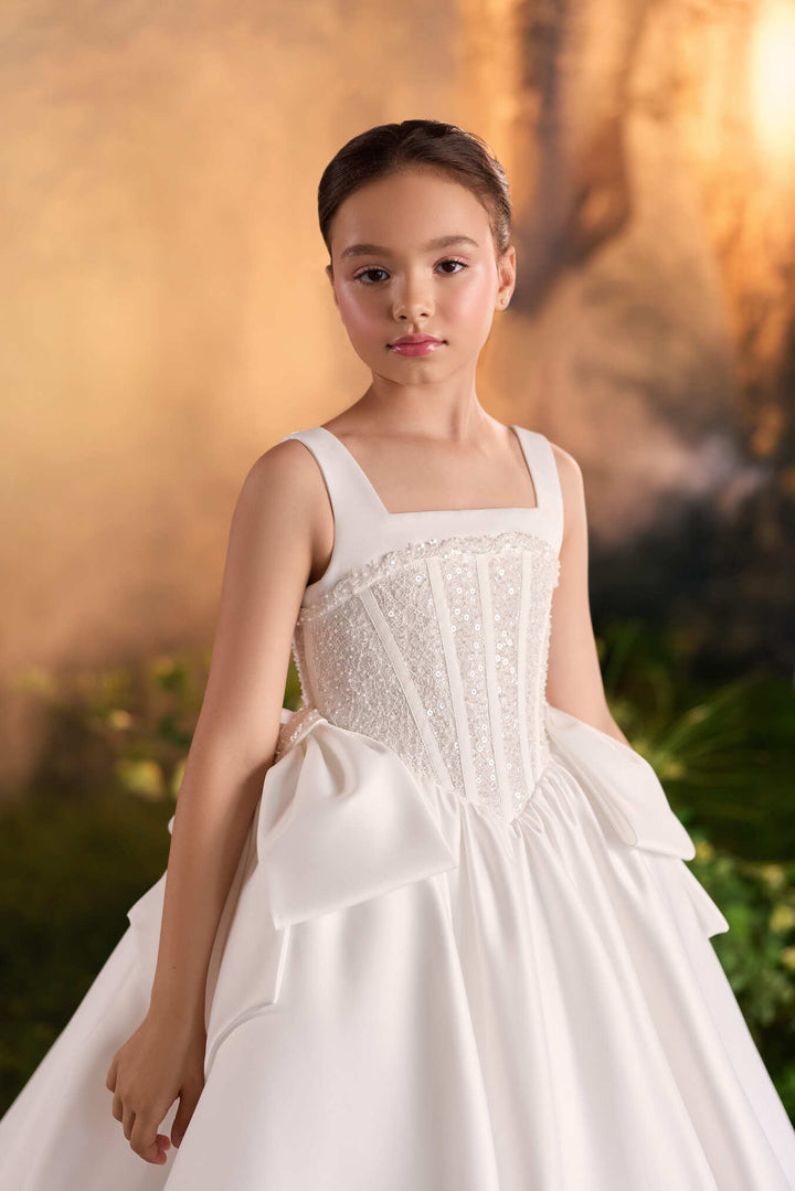 Mia Bambina Couture 2027 Pauline Satin white First Communion dress with bow back