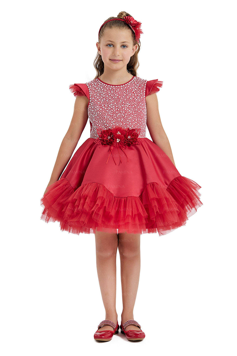 Girls Red Ruffled Tulle Dress for Christmas in Sizes 4T-8