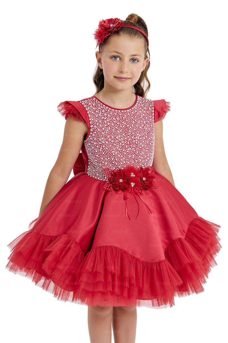 Girls Red Ruffled Tulle Dress for Christmas in Sizes 4T-8