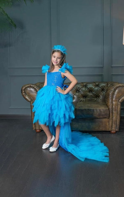 Party Girls dress with detachable train and hairpiece