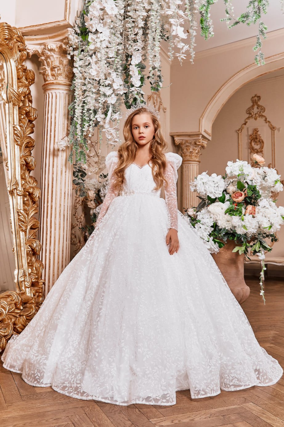 Junior Bridesmaid Dress: Leaf Ornament Lace and Tulle Ballgown Dress - Mia Bambina Boutique