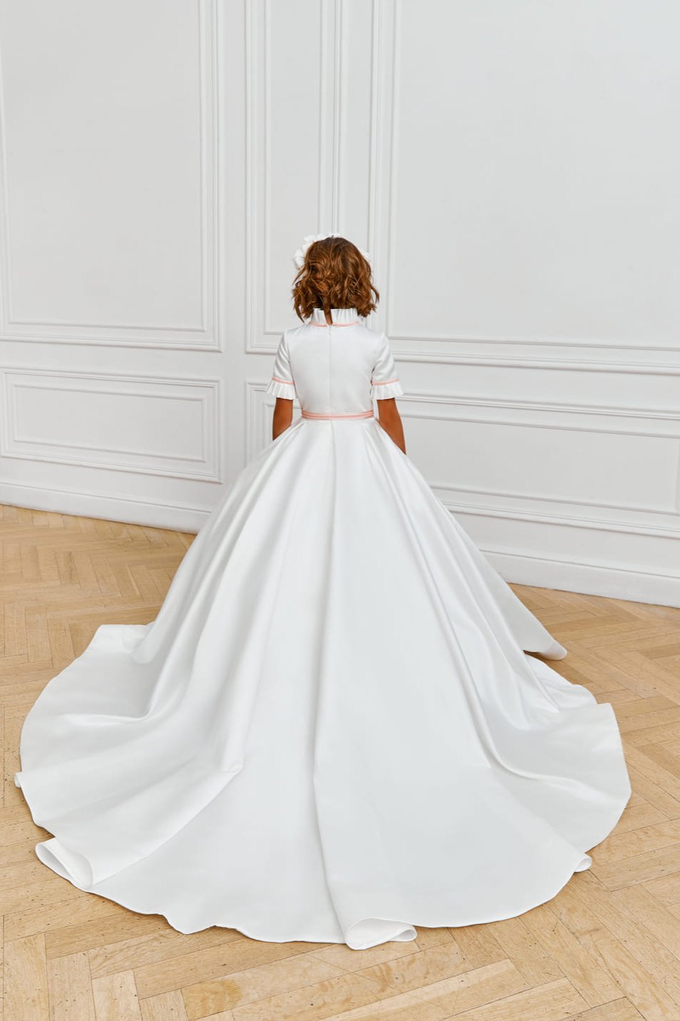 First Communion Dresses: Amafi Modest Satin Dress with Blush details - Mia Bambina Boutique