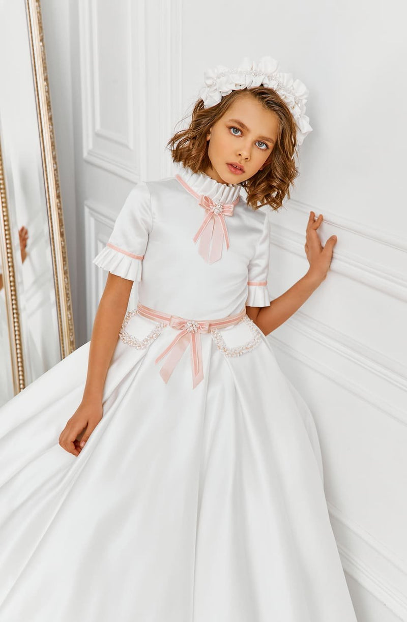 Amafi Modest Satin Dress with Blush details 12 Years / Ivory