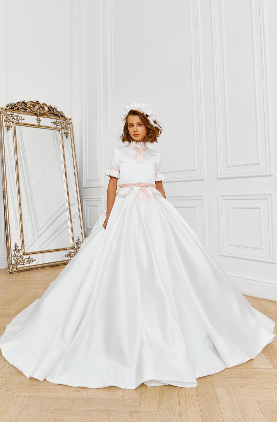 First Communion Dresses: Amafi Modest Satin Dress with Blush details - Mia Bambina Boutique