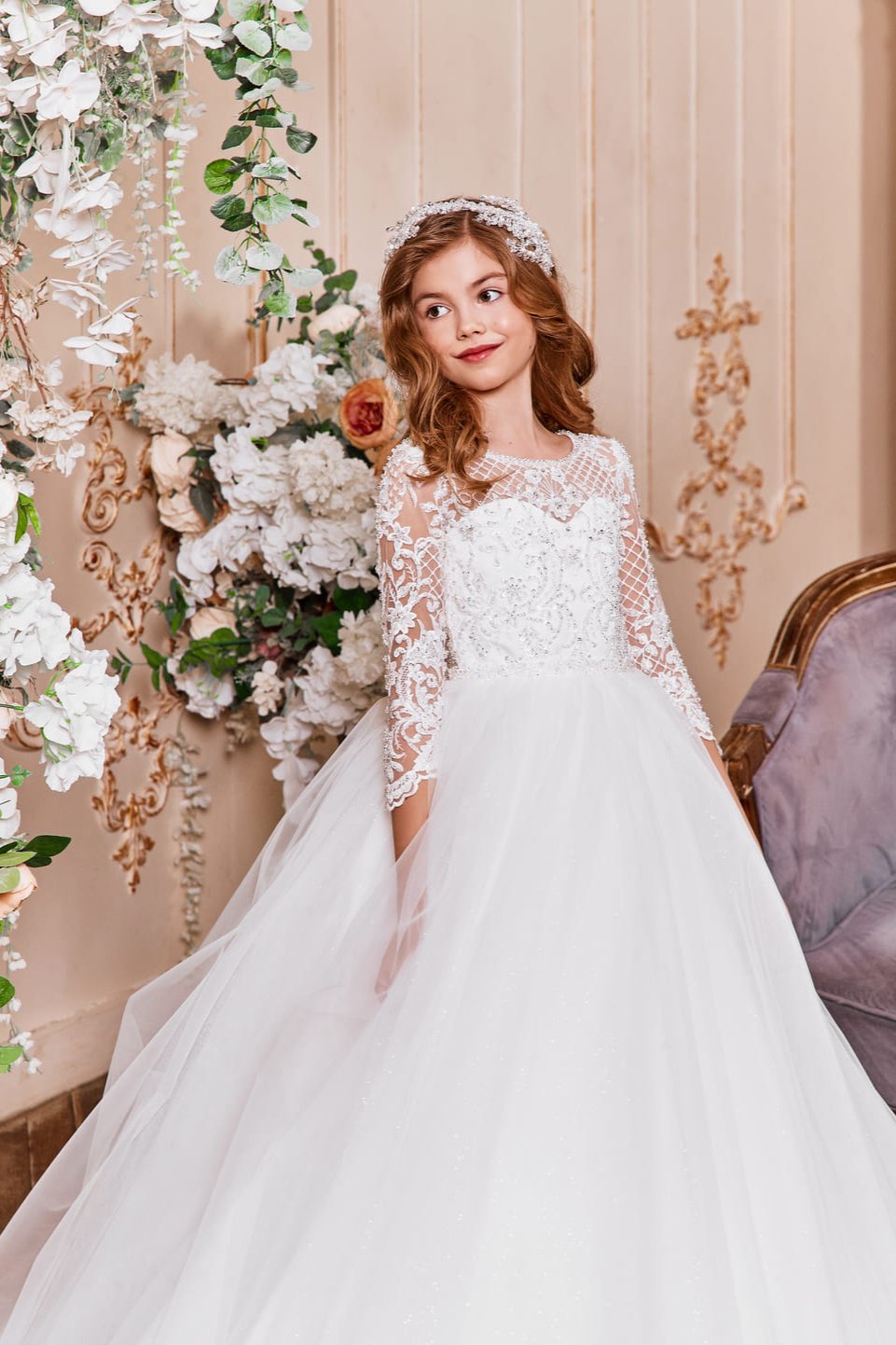 First Communion Dresses: Ivory Lace 1st Communion Dress - Mia Bambina Boutique