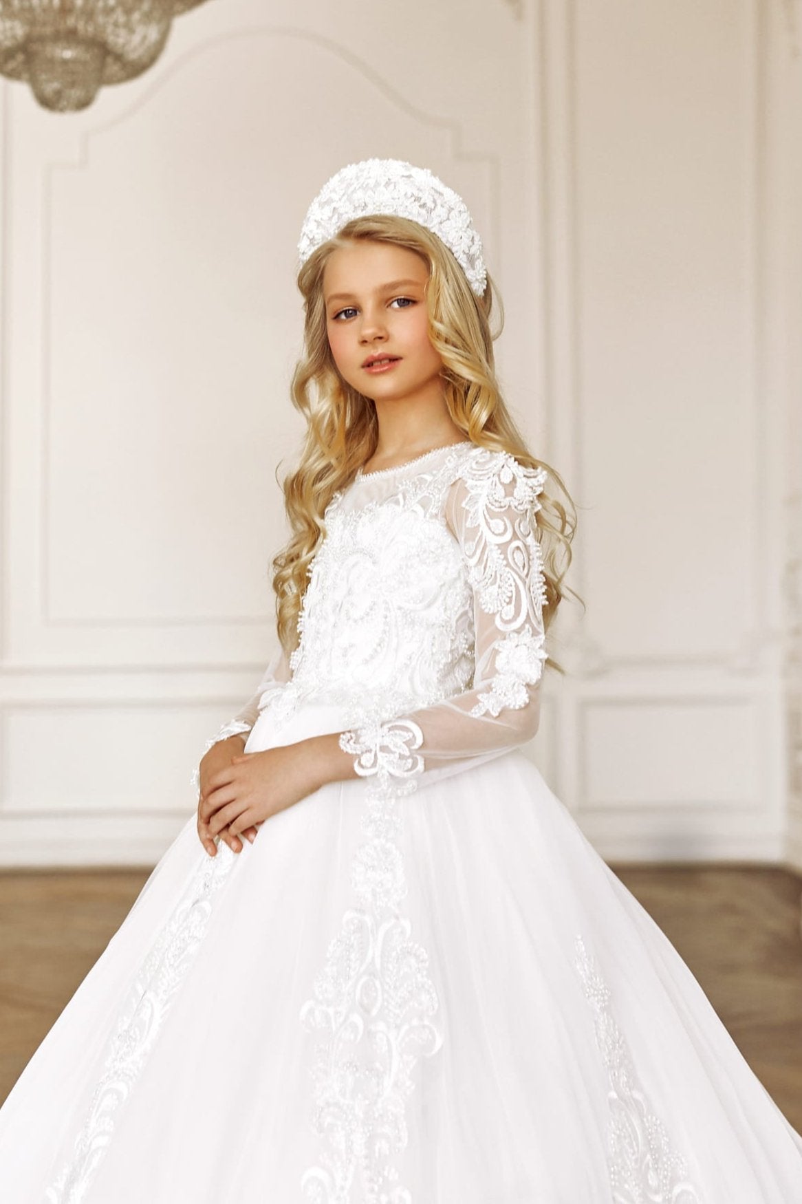 Long White Communion Lace Dress with Sleeves by Mia bambina Boutique Canada