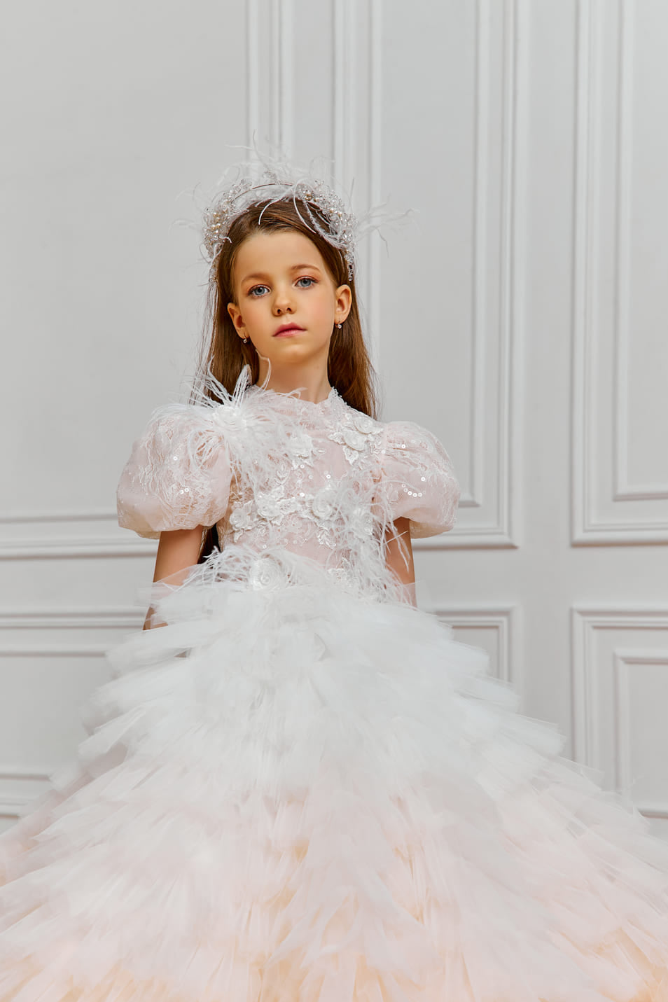 Waterfall Dream Gown with ostrich feather detail