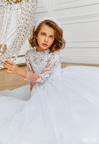 First Communion Dress: Princess Ball Gown with long Sleeves for Holy First Communion - Mia Bambina Boutique
