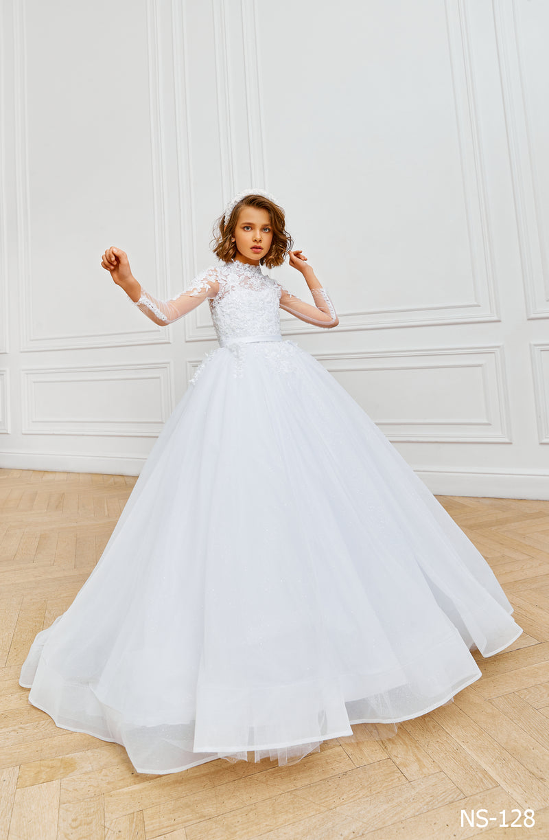 First Communion Dress: Princess Ball Gown with long Sleeves for Holy First Communion - Mia Bambina Boutique