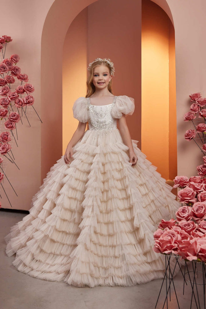 Flower Girl Dresses: Theresa Long Ruffled Dress with Puff Sleeves - Mia Bambina Boutique