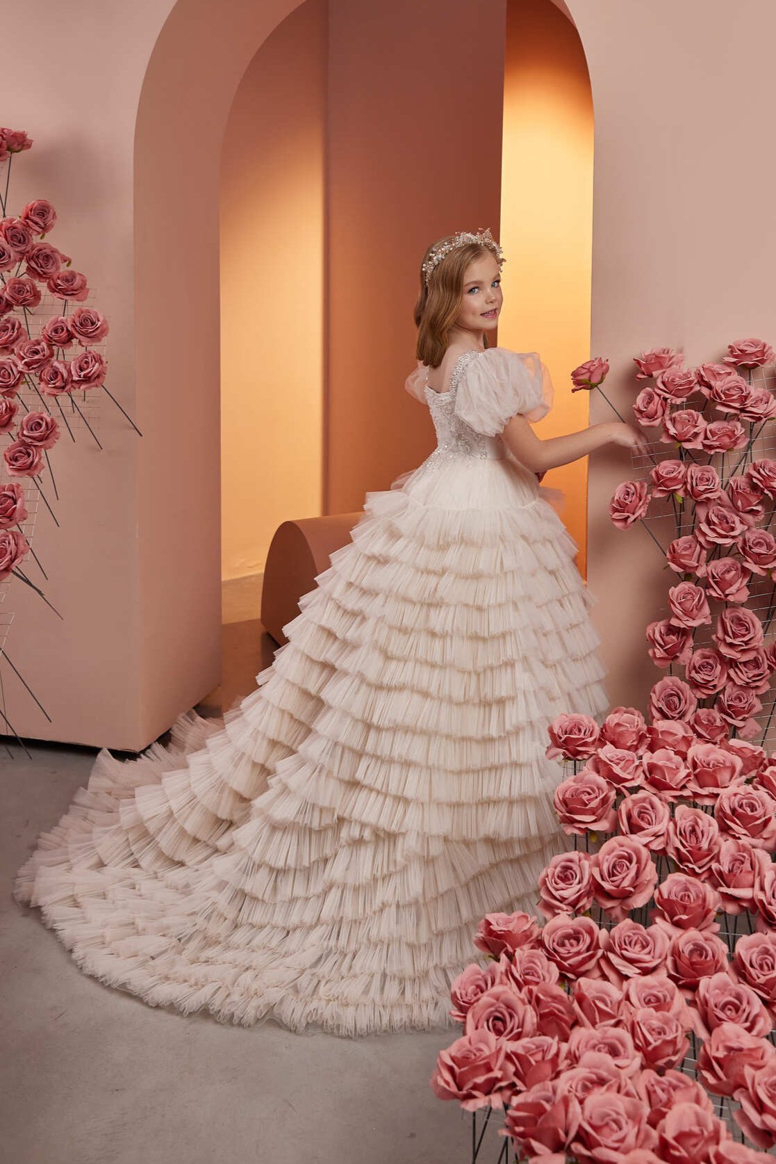 Flower Girl Dresses: Theresa Long Ruffled Dress with Puff Sleeves - Mia Bambina Boutique